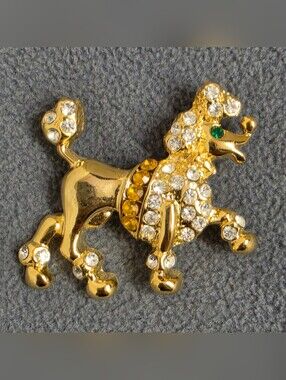 Gold Tone Poodle Dog Brooch Clear Rhinestones Green Eye Figural Pin New